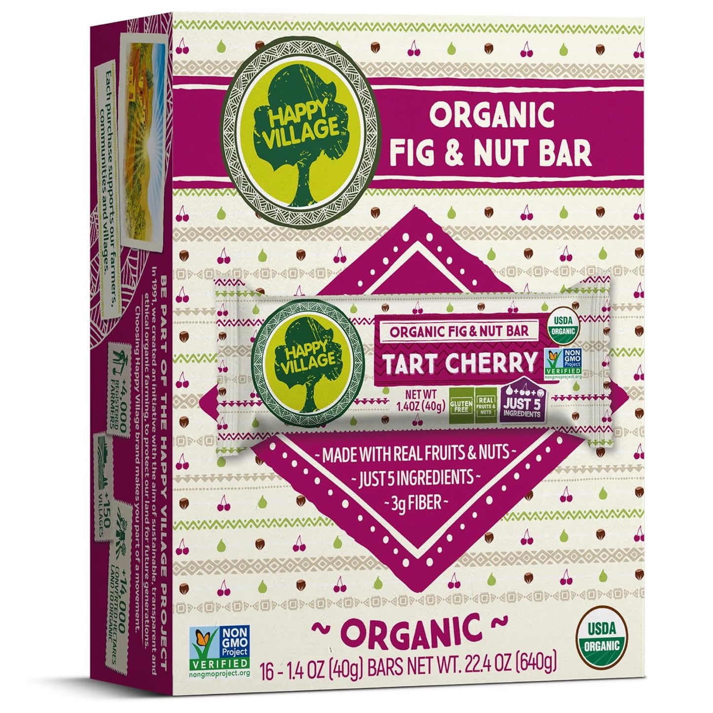 Happy Village Organic Fruit & Nut Bar, TART CHERRY Bar  (16 bars, 1.4 OZ each)