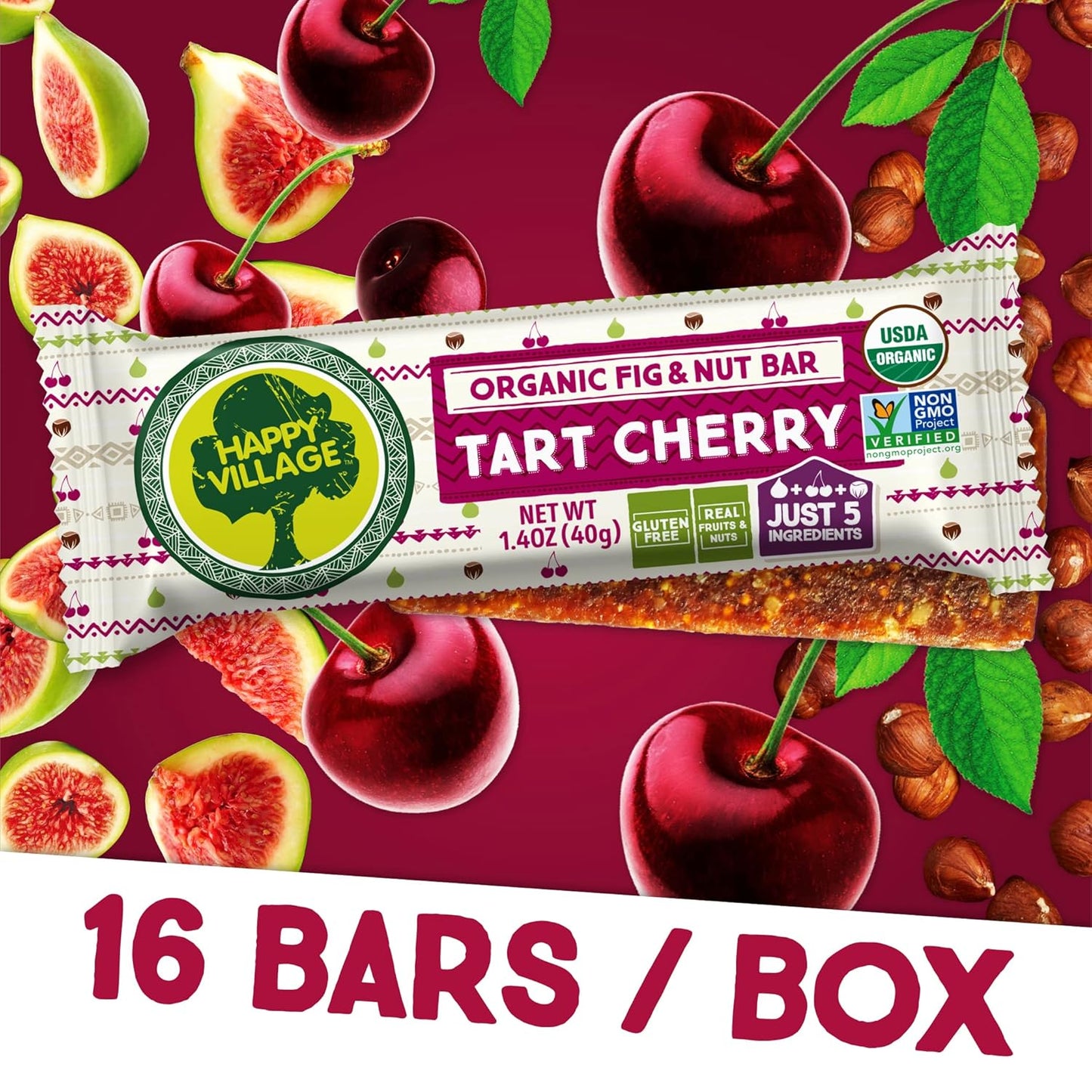 Happy Village Organic Fruit & Nut Bar, TART CHERRY Bar  (16 bars, 1.4 OZ each)