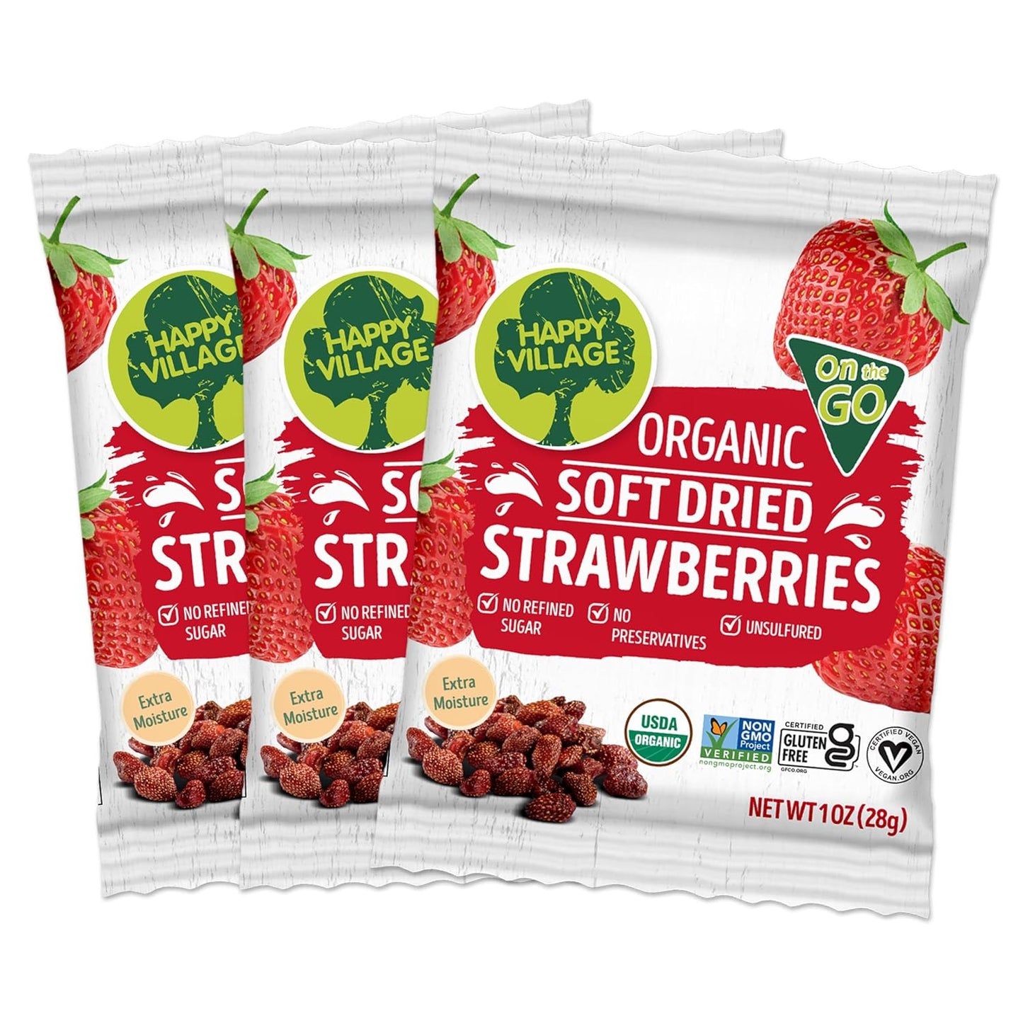 Happy Village Organic Soft Dried Strawberries On the Go 3 Bags