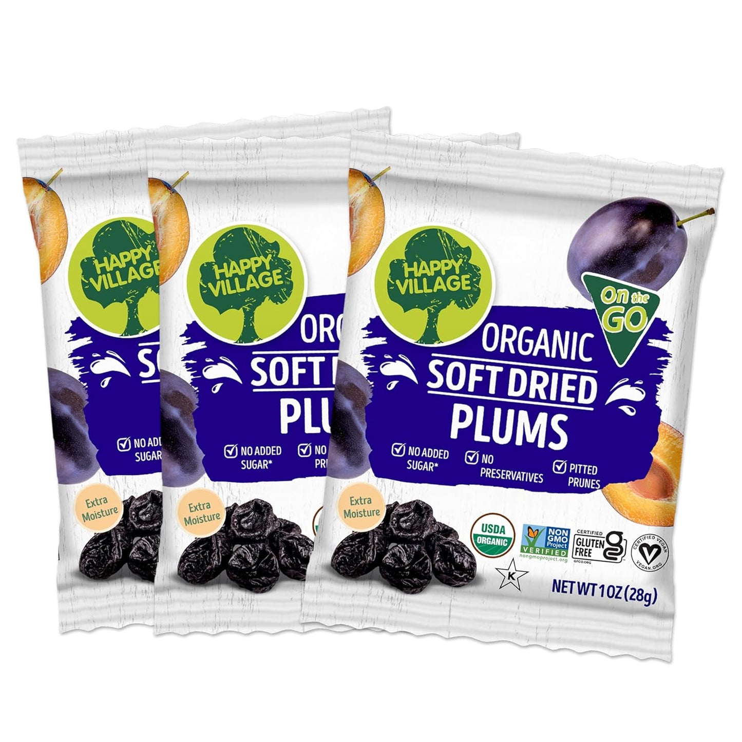 Happy Village Organic Soft Dried Prunes (Plums) On the Go 3 Bags