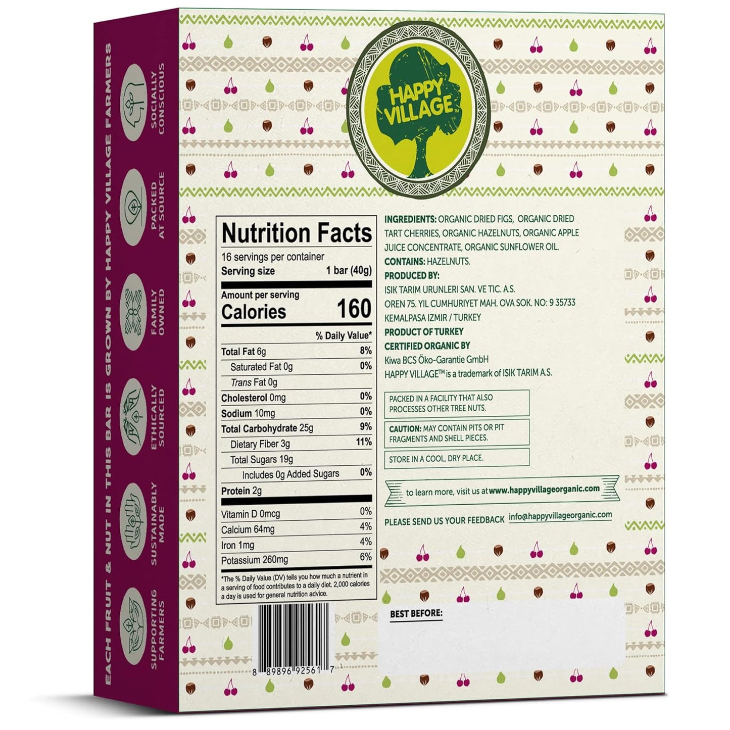 Happy Village Organic Fruit & Nut Bar, TART CHERRY Bar  (16 bars, 1.4 OZ each)