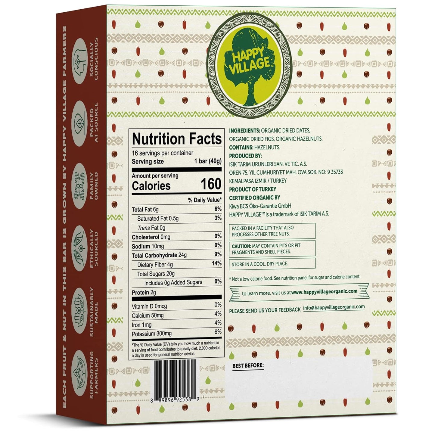 Happy Village Organic Fig & Nut Bars, DATE  (16 bars, 1.4 OZ each)