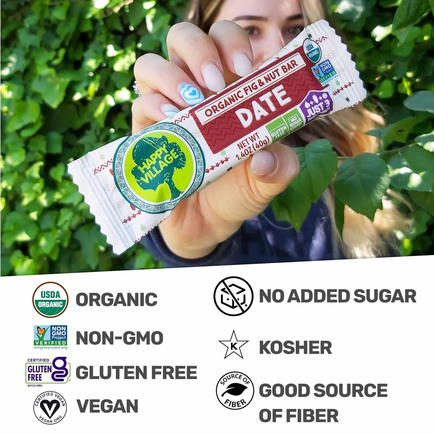 Happy Village Organic Fig & Nut Bars, DATE  (16 bars, 1.4 OZ each)