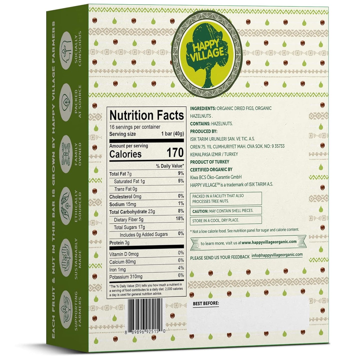 Happy Village Organic Fig & Nut Bar, ORIGINAL FIG  (16 bars, 1.4 OZ each)