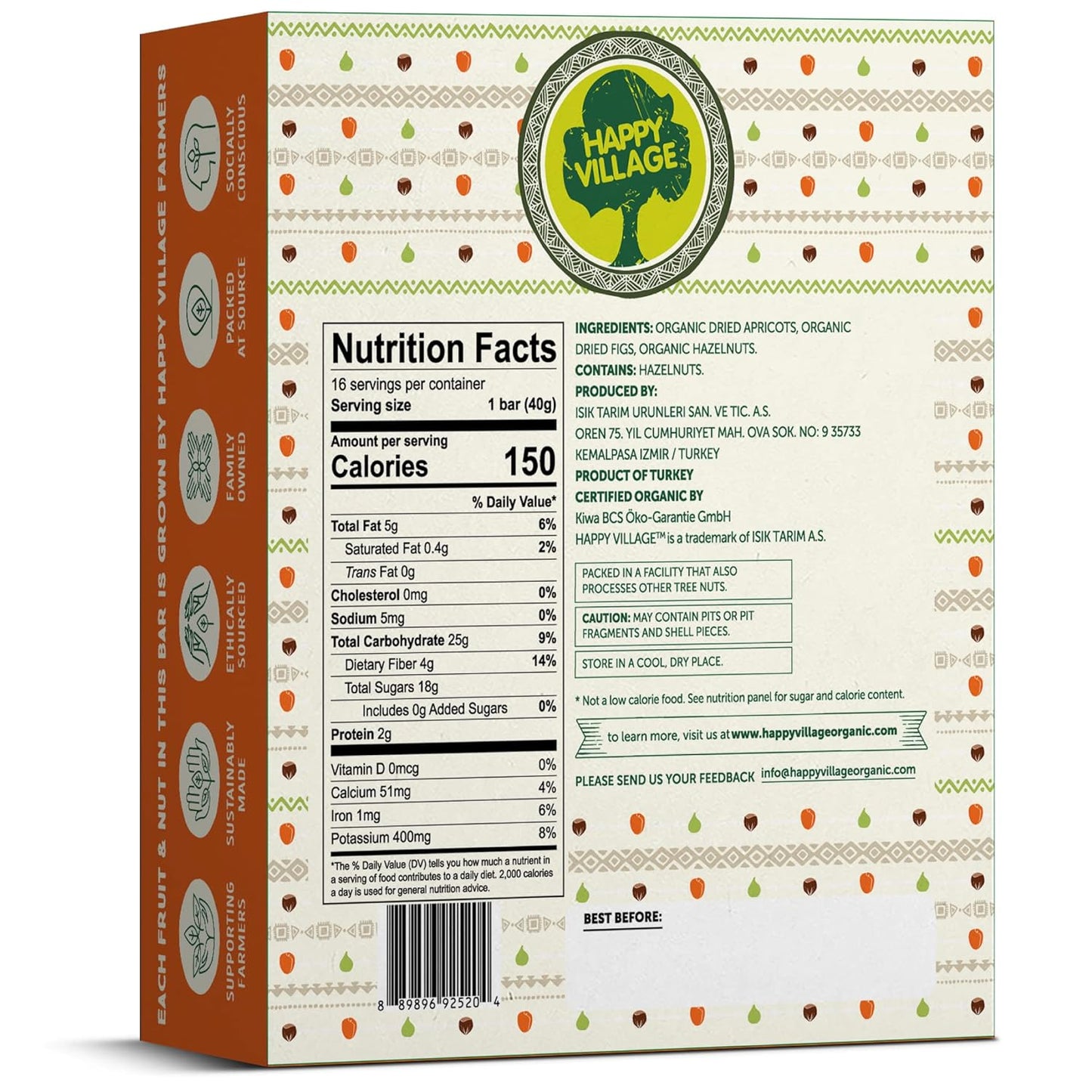 Happy Village Organic Fig & Nut Bar, APRICOT  (16 bars,1.4 OZ each)