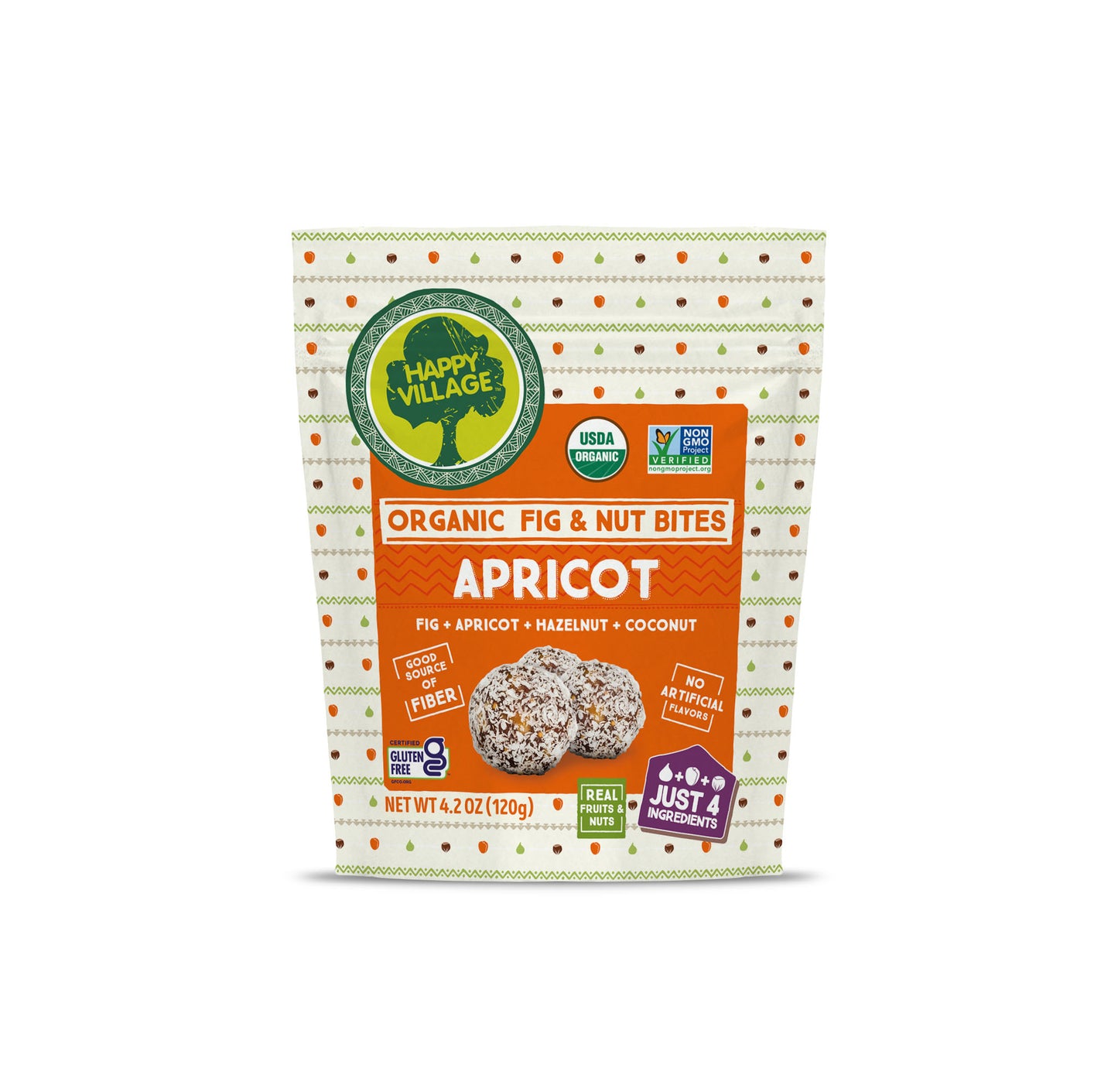 Happy Village Organic Fig & Apricot Energy Bites with Hazelnut & Coconut, 3 Packs of 4.2 oz (120g) Each Gluten Free, No Added Sugar, Non-GMO
