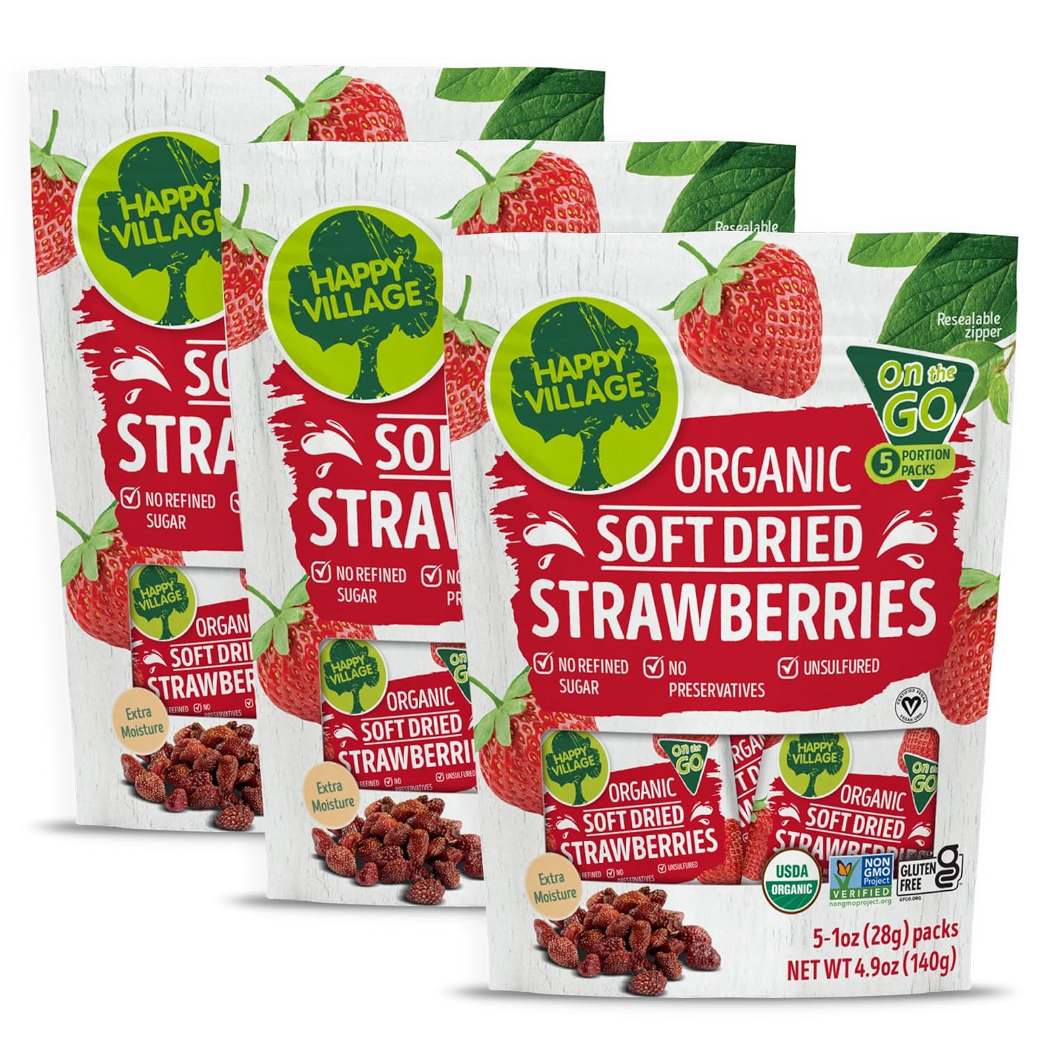 Our organic strawberries are grown in small Mediterranean villages, harvested at the peak of ripeness, dried to seal in their natural sweet flavors. They are infused with organic apple juice concentrate for easy chewing and softer texture.  They are packed without any artificial colors and sulfur. They are made with real fruits, gluten free. No refined sugar, non gmo, no artificials.
Premium Organic Strawberries: Our certified organic strawberries are carefully soft-dried to preserve their natural swe