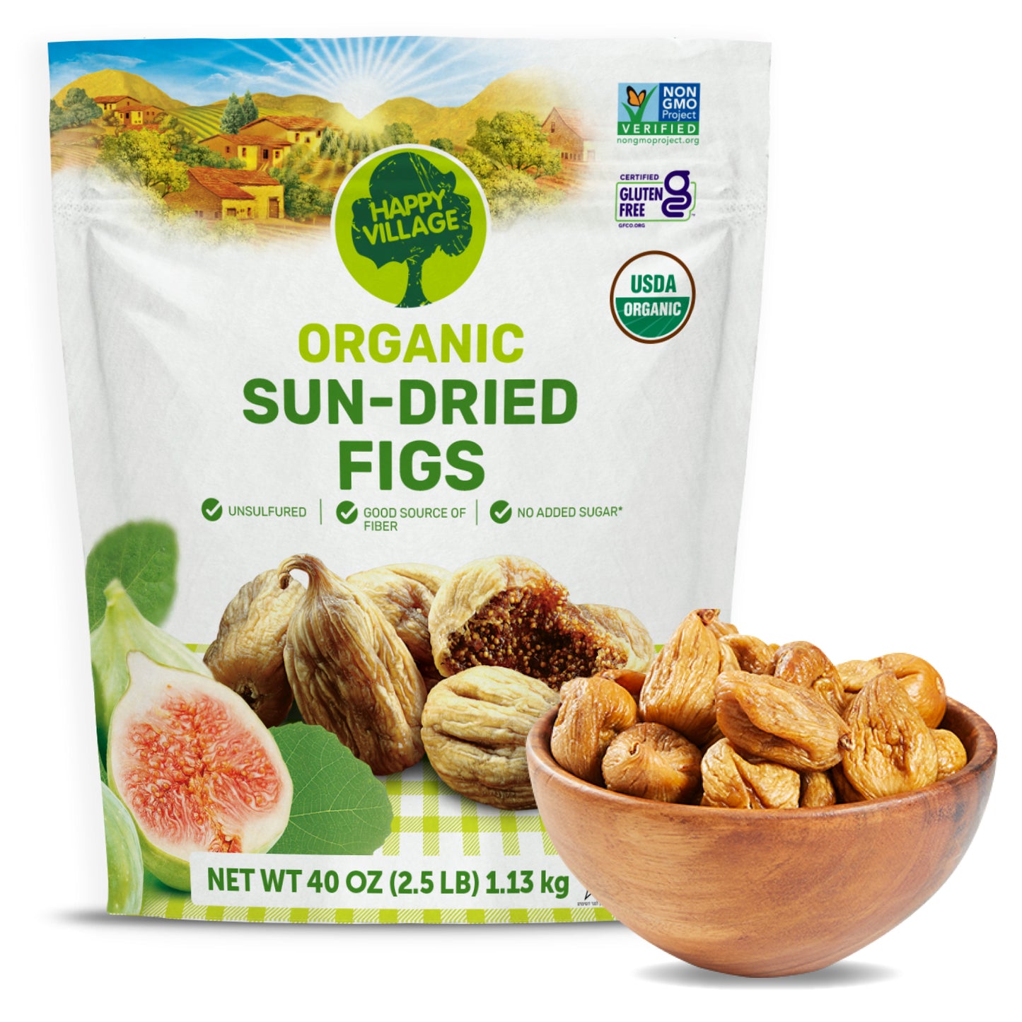 Our organic figs are grown, harvested and sun-dried in the fertile Aegean mountains. Our region is home to the best soil and growing conditions for green figs in the world. They are naturally sweet and flavorful, with no artificial additives. Our Happy Village organic dried figs are a great choice for snacking or adding to your favourite recipes.
Organic sun-dried figs: Includes 40 oz resealable bag of Happy Village organic sun-dried figs. No added sugar, no preservatives.