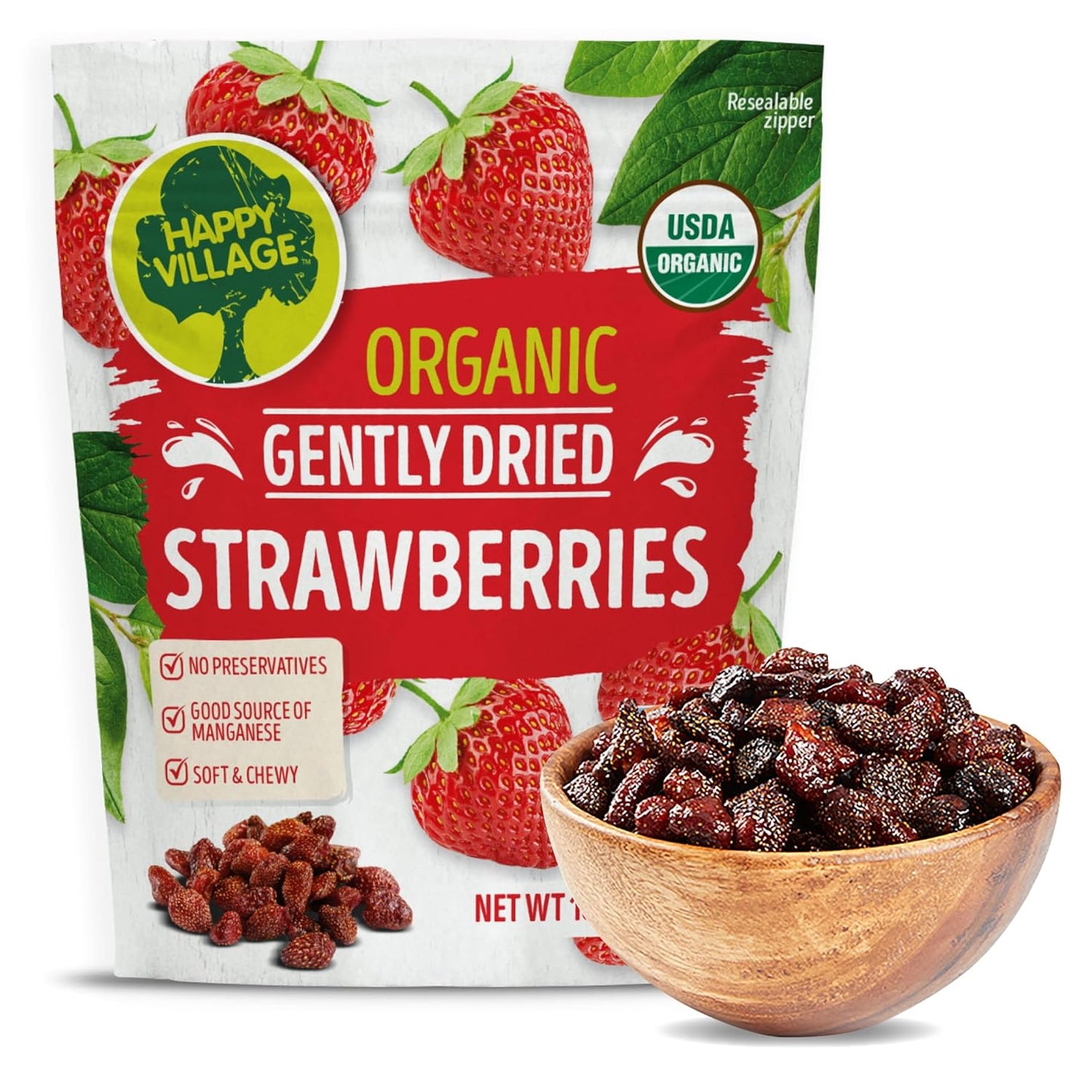 Happy Village organic strawberries are grown in small Mediterranean villages, harvested at the peak of ripeness, dried to seal in natural sweet flavors and packed without any artificial colors. Great on their own or try them in baking or anywhere you would use fresh strawberries. Enjoy!
Organic soft dried strawberries: Includes 18 oz resealable bag of Happy Village Organic gently dried strawberries. No refined sugar, no preservatives.
A winner for a guilty free, super tasty snack: Our organic strawberries