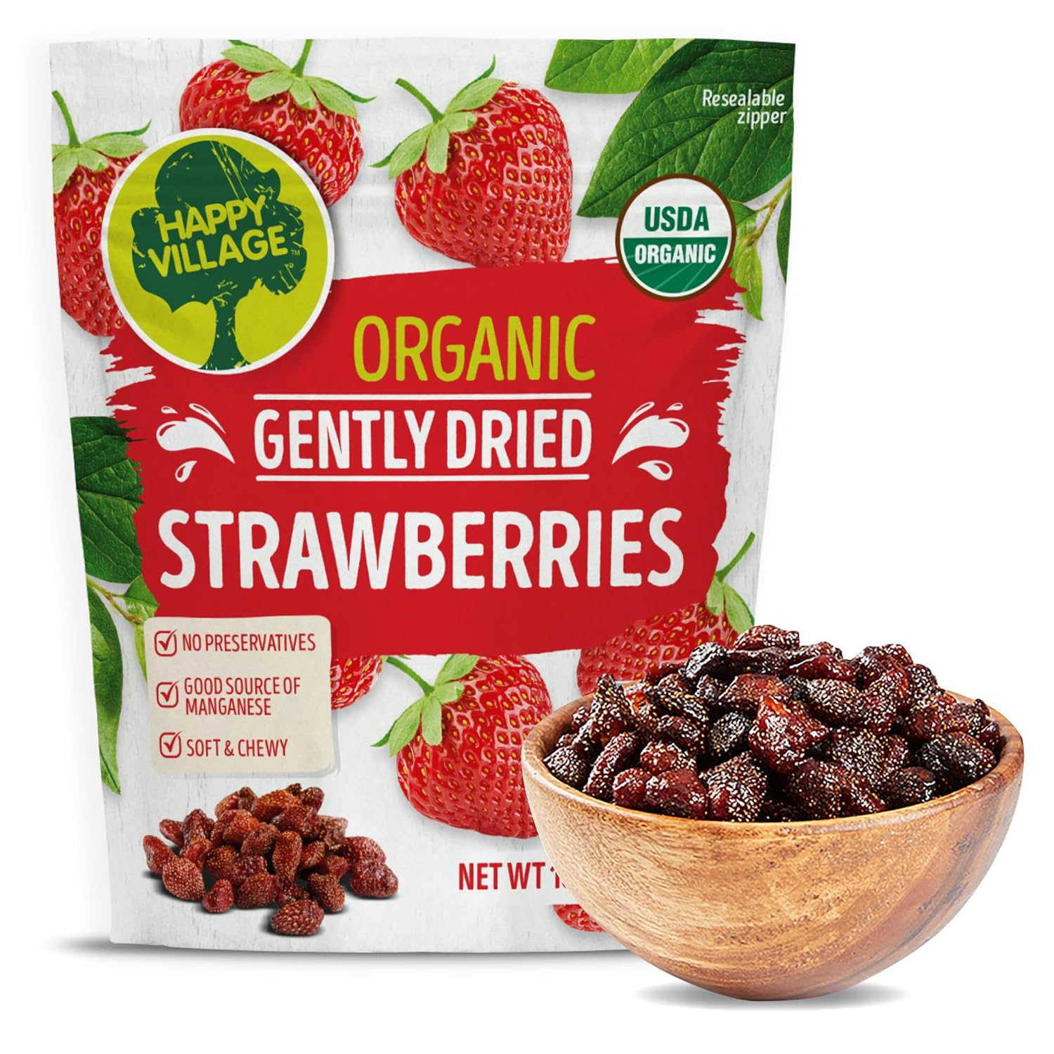 Happy Village organic strawberries are grown in small Mediterranean villages, harvested at the peak of ripeness, dried to seal in natural sweet flavors and packed without any artificial colors. Great on their own or try them in baking or anywhere you would use fresh strawberries. Enjoy!
Organic soft dried strawberries: Includes 18 oz resealable bag of Happy Village Organic gently dried strawberries. No refined sugar, no preservatives.
A winner for a guilty free, super tasty snack: Our organic strawberries
