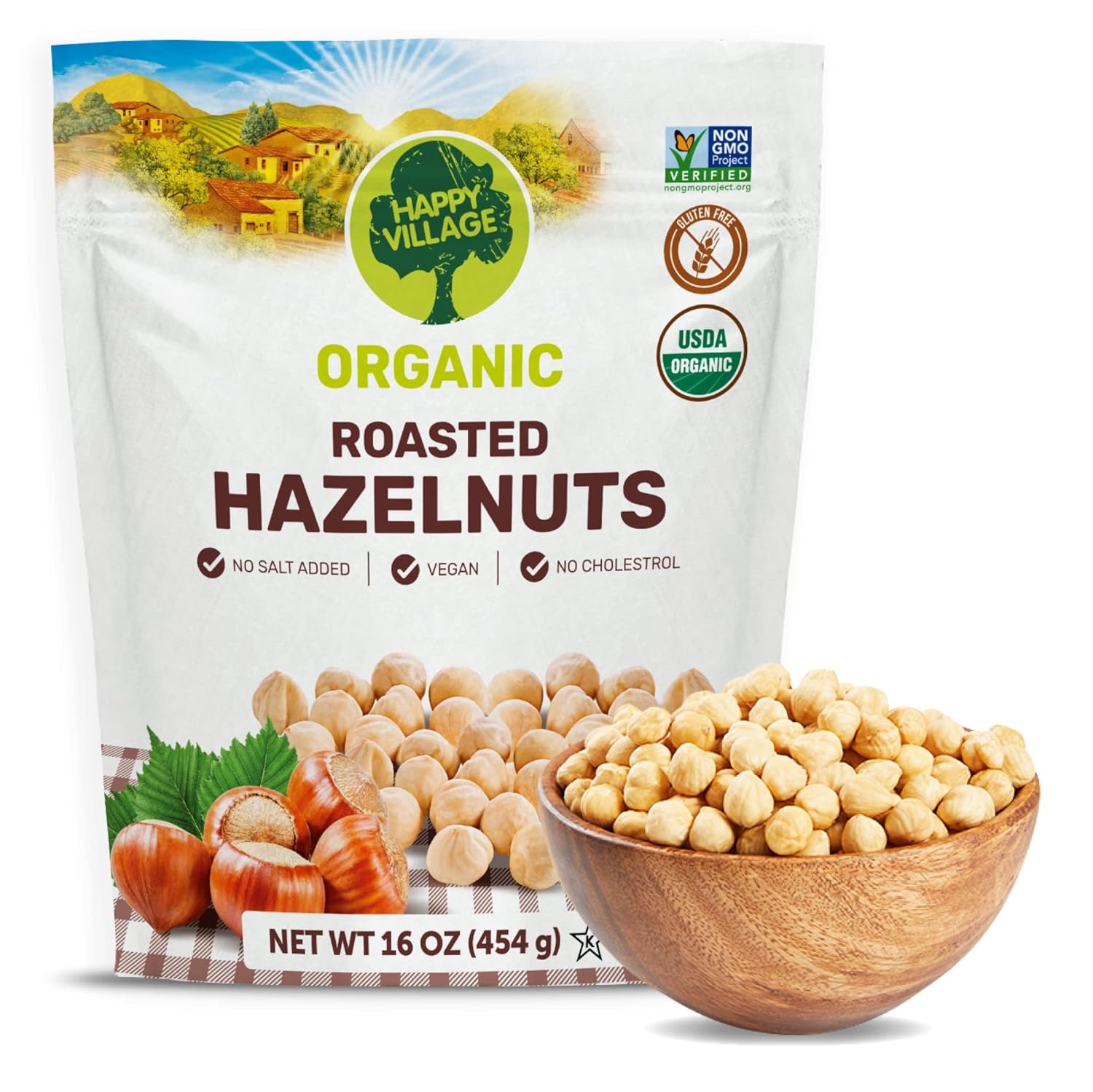 happy village hazelnut,happy village roasted hazelnut, nut,Resealable Bag, Roasted and Unsalted, USDA Organic, Non-GMO, Kosher, Vegan, Gluten-Free Filbert Nuts, No Added Oil or Preservatives