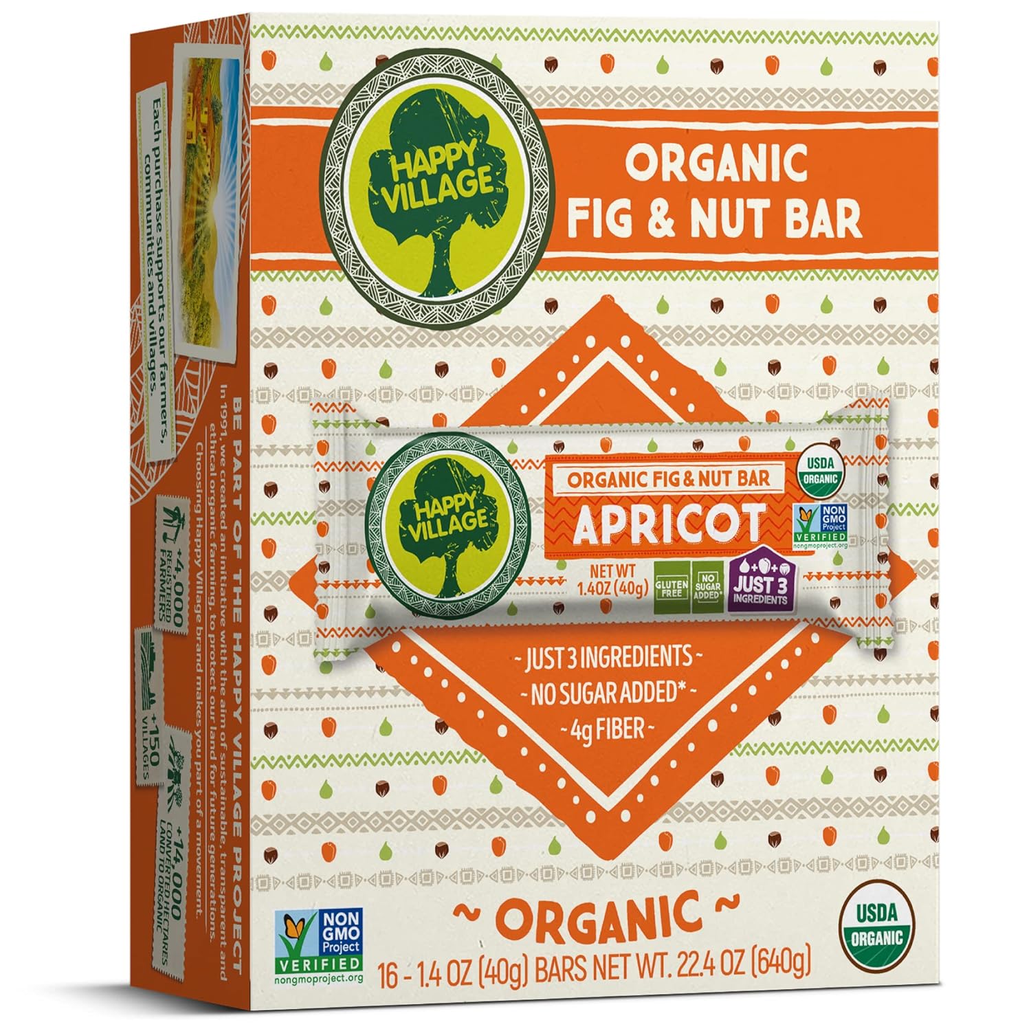 | Only 3 Ingredients, Gluten Free, No Added Sugar, Kosher, Non-GMO, Vegan, Good Source of Fiber | Organic Healthy Snack Bars, Happy village organic fruits, organic fruit bars, fig and nut bars