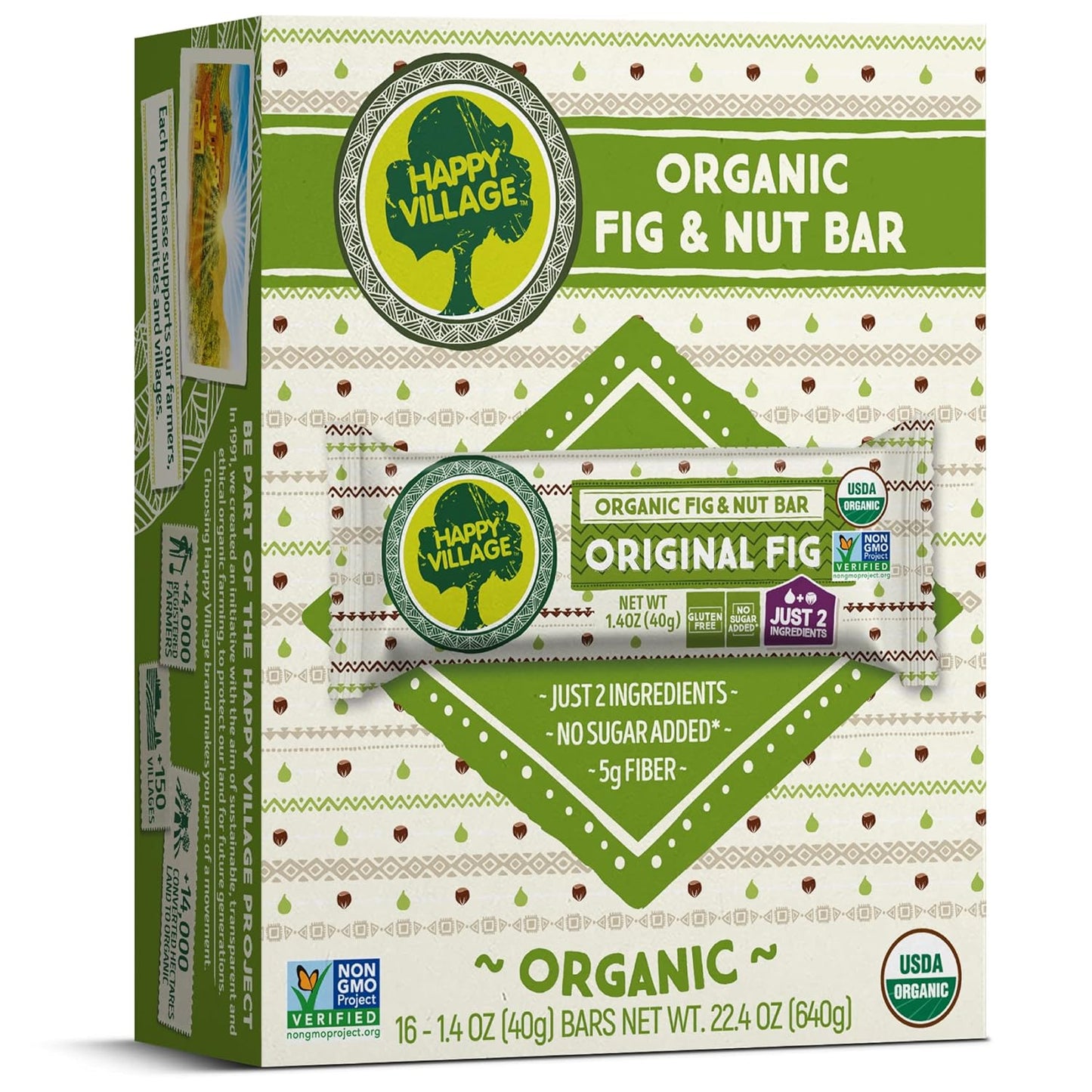 Only 2 Ingredients, Gluten Free, No Added Sugar, Kosher, Non-GMO, Vegan, Good Source of Fiber | Organic Healthy Snack Bars, happy village organic bars, happy village fig and nut bars, fruit bars, happy village fruit bars