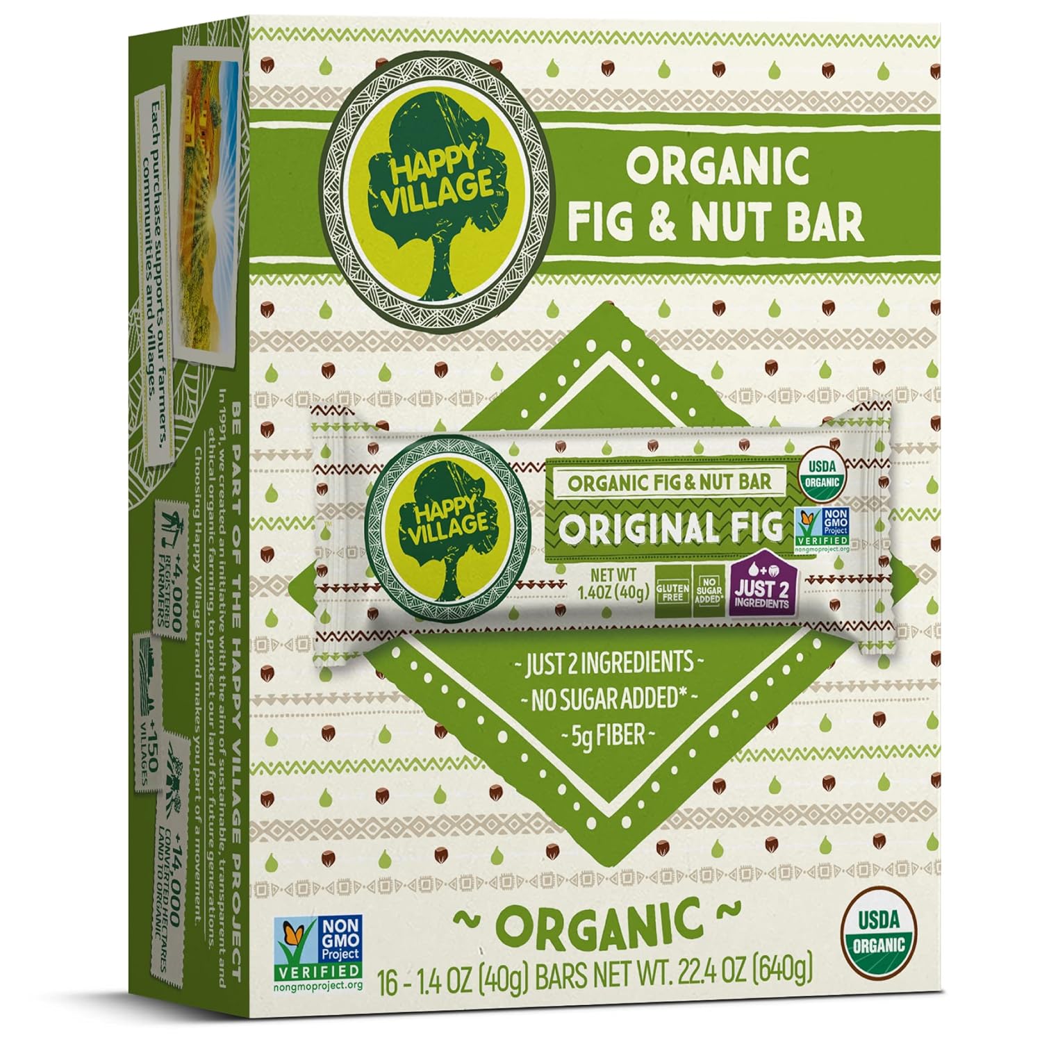 Only 2 Ingredients, Gluten Free, No Added Sugar, Kosher, Non-GMO, Vegan, Good Source of Fiber | Organic Healthy Snack Bars, happy village organic bars, happy village fig and nut bars, fruit bars, happy village fruit bars