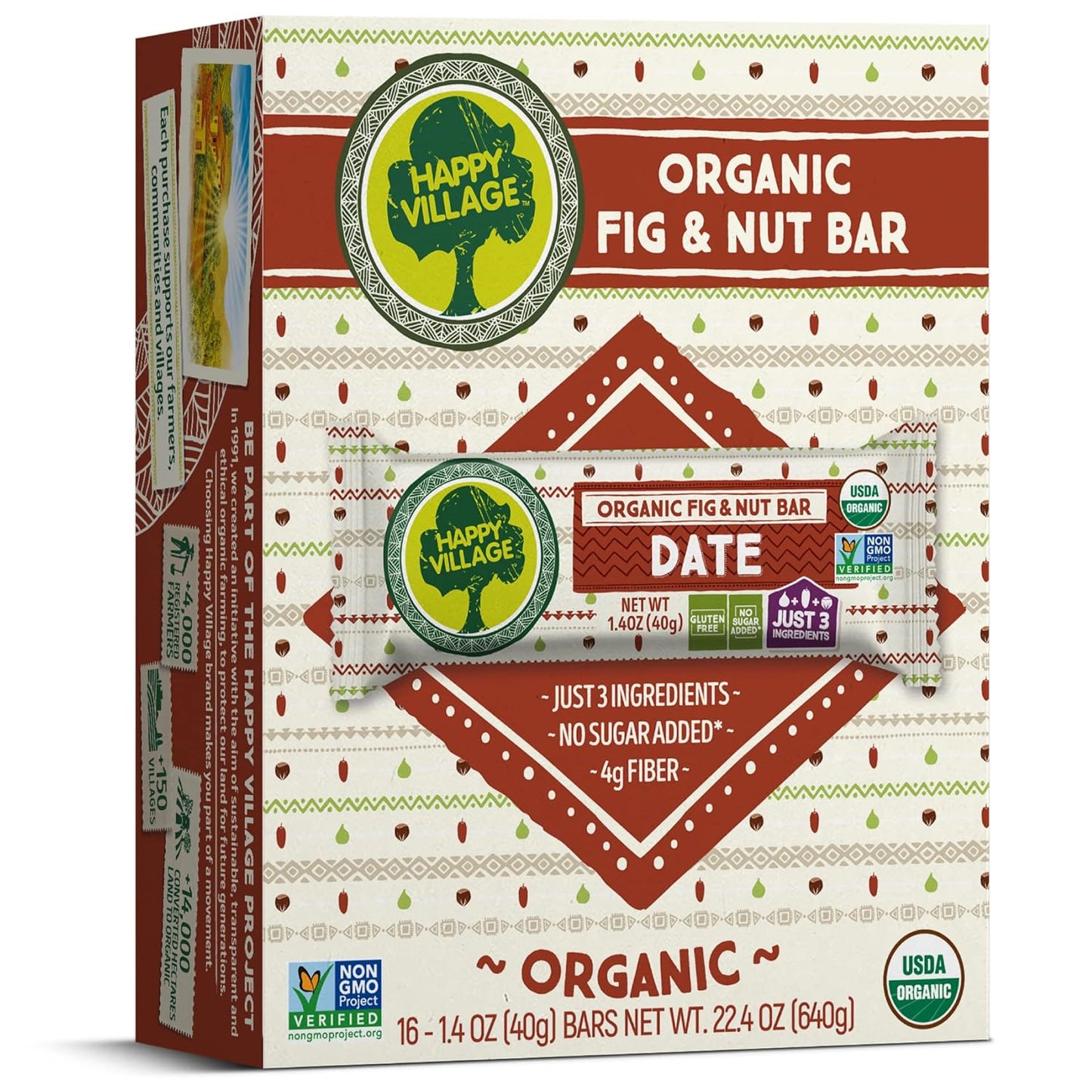Only 3 Ingredients, Gluten Free, No Added Sugar, Kosher, Non-GMO, Vegan, Good Source of Fiber | Organic Healthy Snack Bars, happy village fig and nut bars date, happy village fruit bars, fruit bars