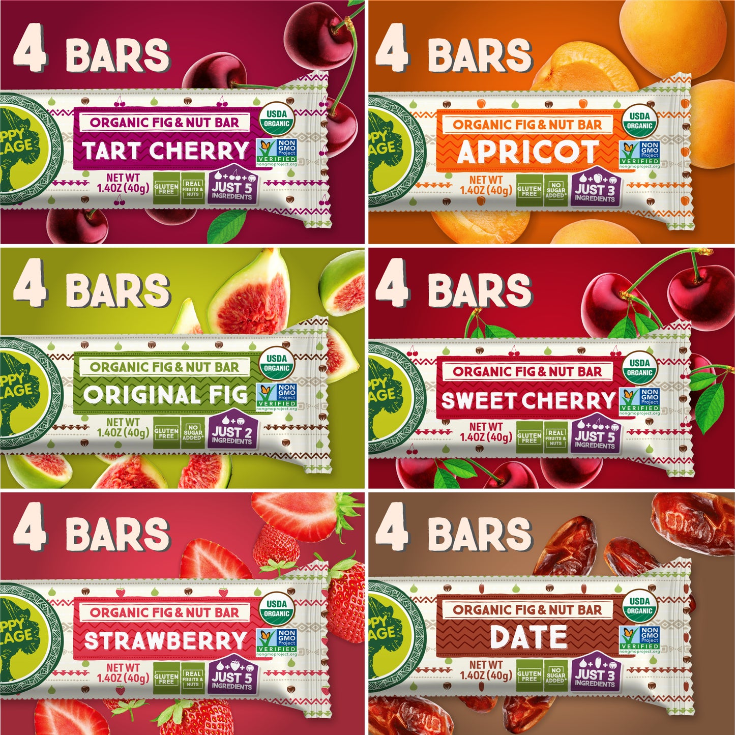 Happy Village Organic Fig & Nut Bars, VARIETY (24 Pack, 1.4 OZ each