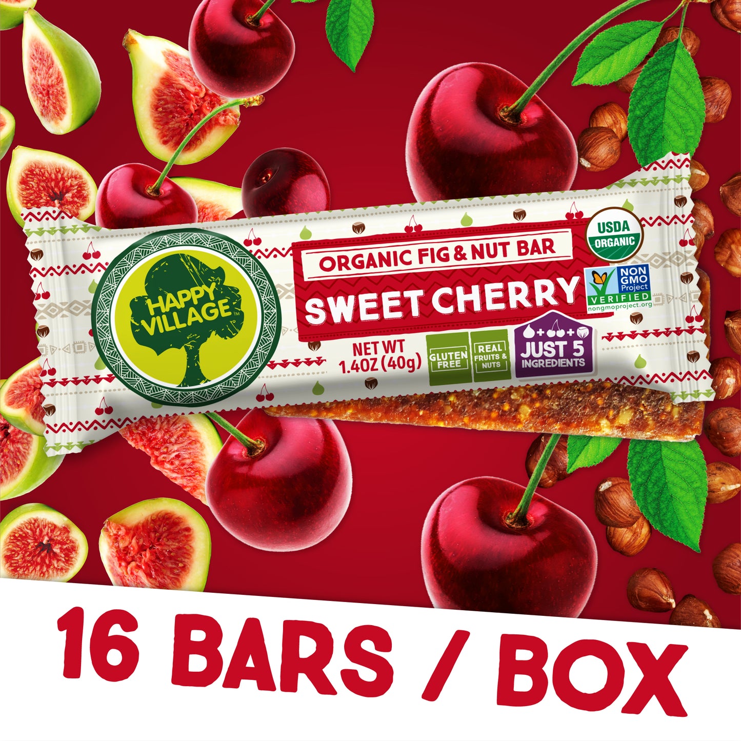 Happy Village Organic Fruit & Nut Bar, SWEET CHERRY (16 bars, 1.4 OZ each)
