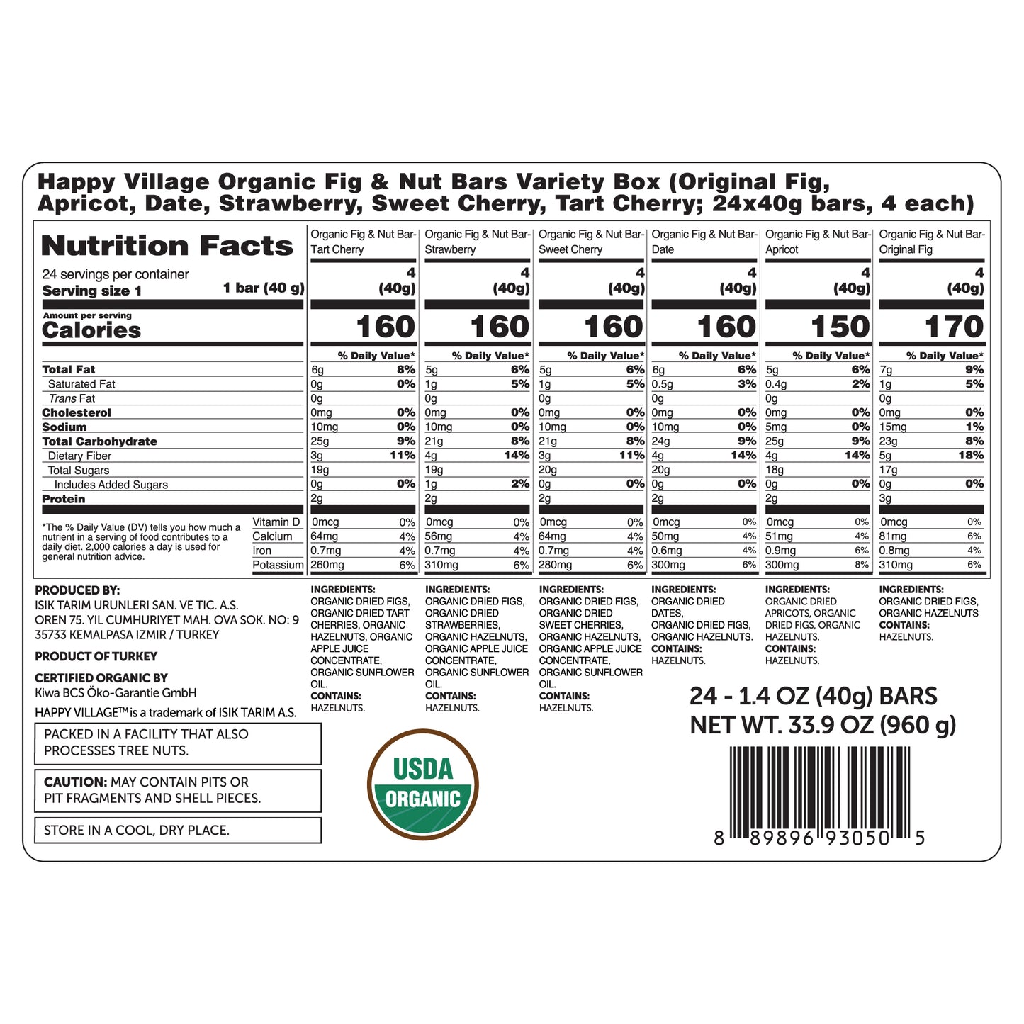 Happy Village Organic Fig & Nut Bars, VARIETY (24 Pack, 1.4 OZ each
