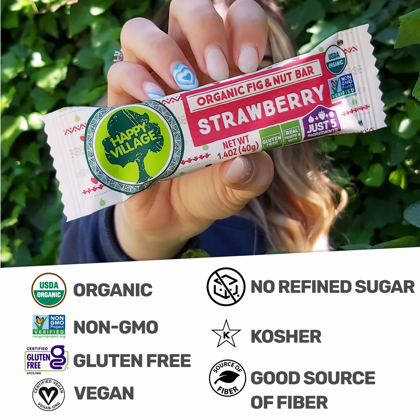 Happy Village Organic Fruit & Nut Bars, STRAWBERRY (16 bars, 1.4 OZ each)