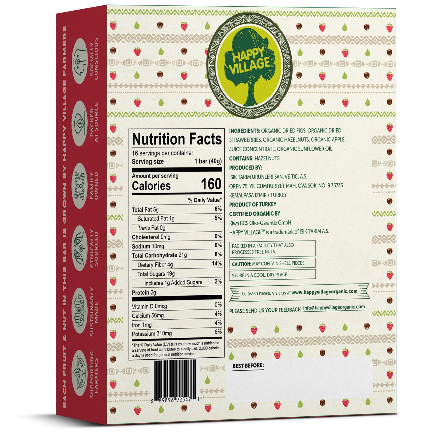 Happy Village Organic Fruit & Nut Bars, STRAWBERRY (16 bars, 1.4 OZ each)