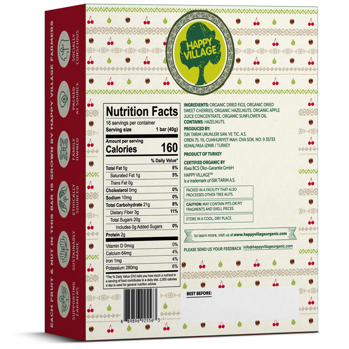 Happy Village Organic Fruit & Nut Bar, SWEET CHERRY (16 bars, 1.4 OZ each)
