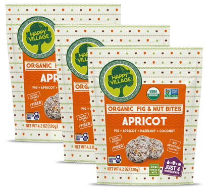 Happy Village Organic Fig & Apricot Energy Bites with Hazelnut & Coconut, 3 Packs of 4.2 oz (120g) Each – Vegan, Gluten Free, No Added Sugar, Non-GMO, Clean Snack Balls, High Fiber Fruit & Nut Snacks