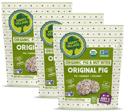 Happy Village Organic Fig & Nut Bites with Coconut Flakes – Vegan, Gluten Free Fruit & Nut Snack (3-Pack (4.2 OZ Each), Fig)