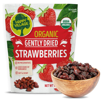 Happy Village organic strawberries are grown in small Mediterranean villages, harvested at the peak of ripeness, dried to seal in natural sweet flavors and packed without any artificial colors. Great on their own or try them in baking or anywhere you would use fresh strawberries. Enjoy!

Organic soft dried strawberries: Includes 18 oz resealable bag of Happy Village Organic gently dried strawberries. No refined sugar, no preservatives.
A winner for a guilty free, super tasty snack: Our organic strawberries 