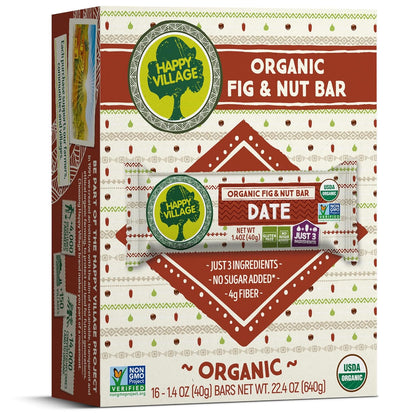 Only 3 Ingredients, Gluten Free, No Added Sugar, Kosher, Non-GMO, Vegan, Good Source of Fiber | Organic Healthy Snack Bars, happy village fig and nut bars date, happy village fruit bars, fruit bars