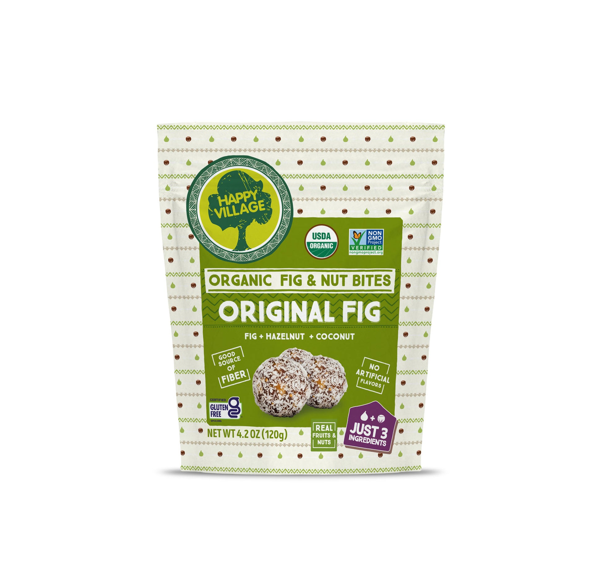 Happy Village Organic Fig & Nut Bites Original Fig, USDA Organic and Non-GMO Project Verified healthy snack made with figs, hazelnuts and coconut. Gluten free fruit and nut bites with only 3 ingredients
