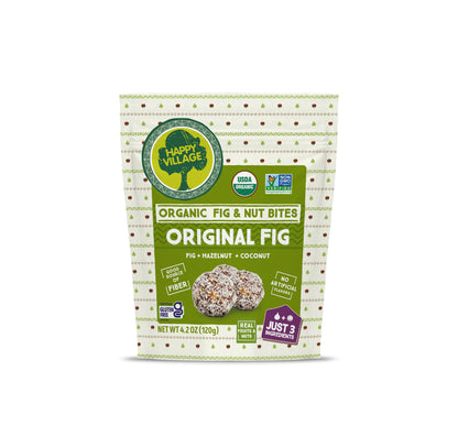 Happy Village Organic Fig & Nut Bites Original Fig, USDA Organic and Non-GMO Project Verified healthy snack made with figs, hazelnuts and coconut. Gluten free fruit and nut bites with only 3 ingredients