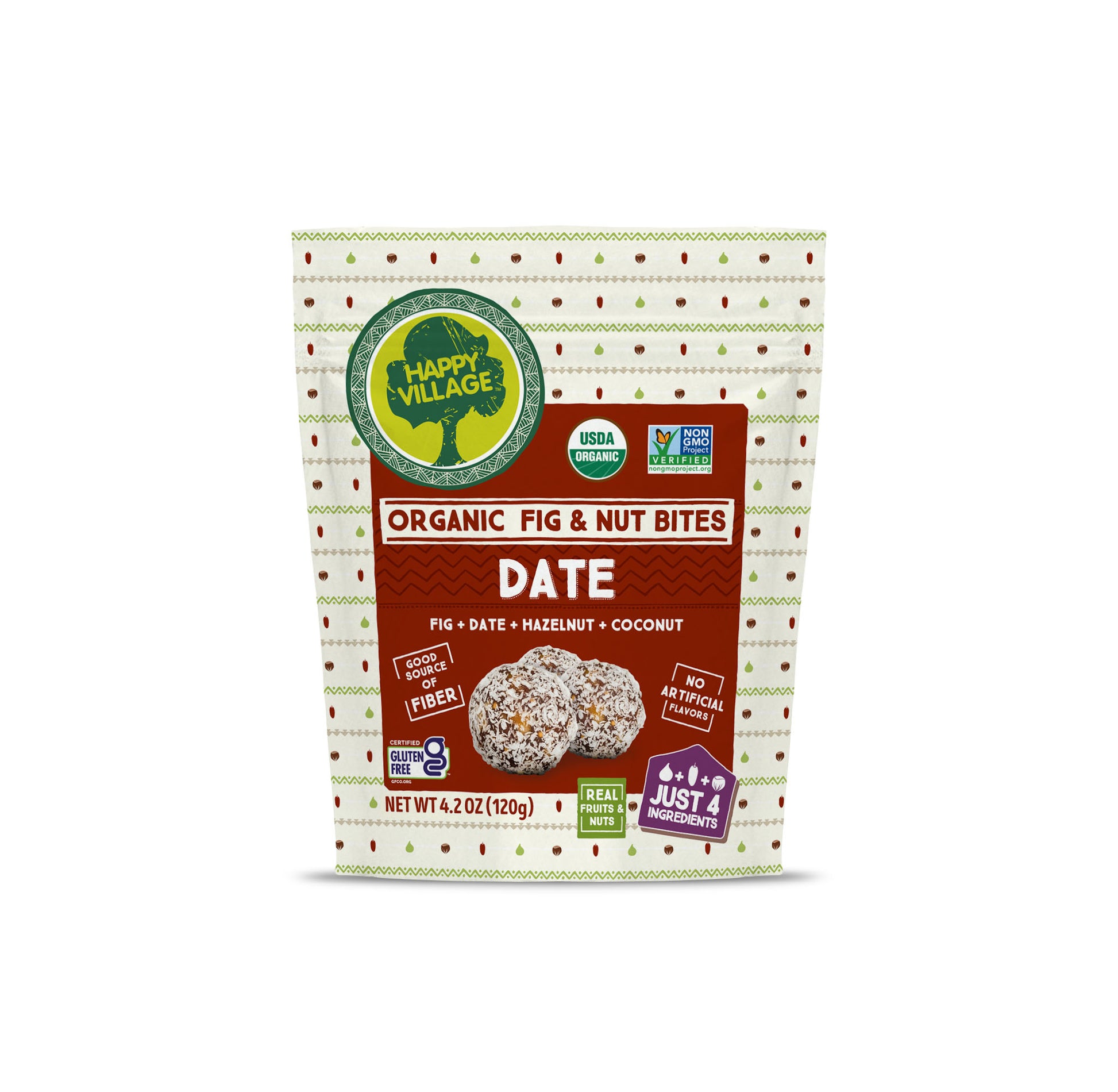 Organic Fig & Nut Bites Date by Happy Village, healthy gluten free snack made with figs, dates, hazelnuts and coconut